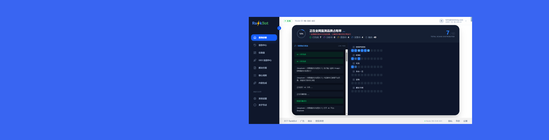 RankBot 通过 P2P 节点网络 与 智能诊断引擎，为您提供从品牌指纹识别、关键词意图分析到内容生成的全流程解决方案。